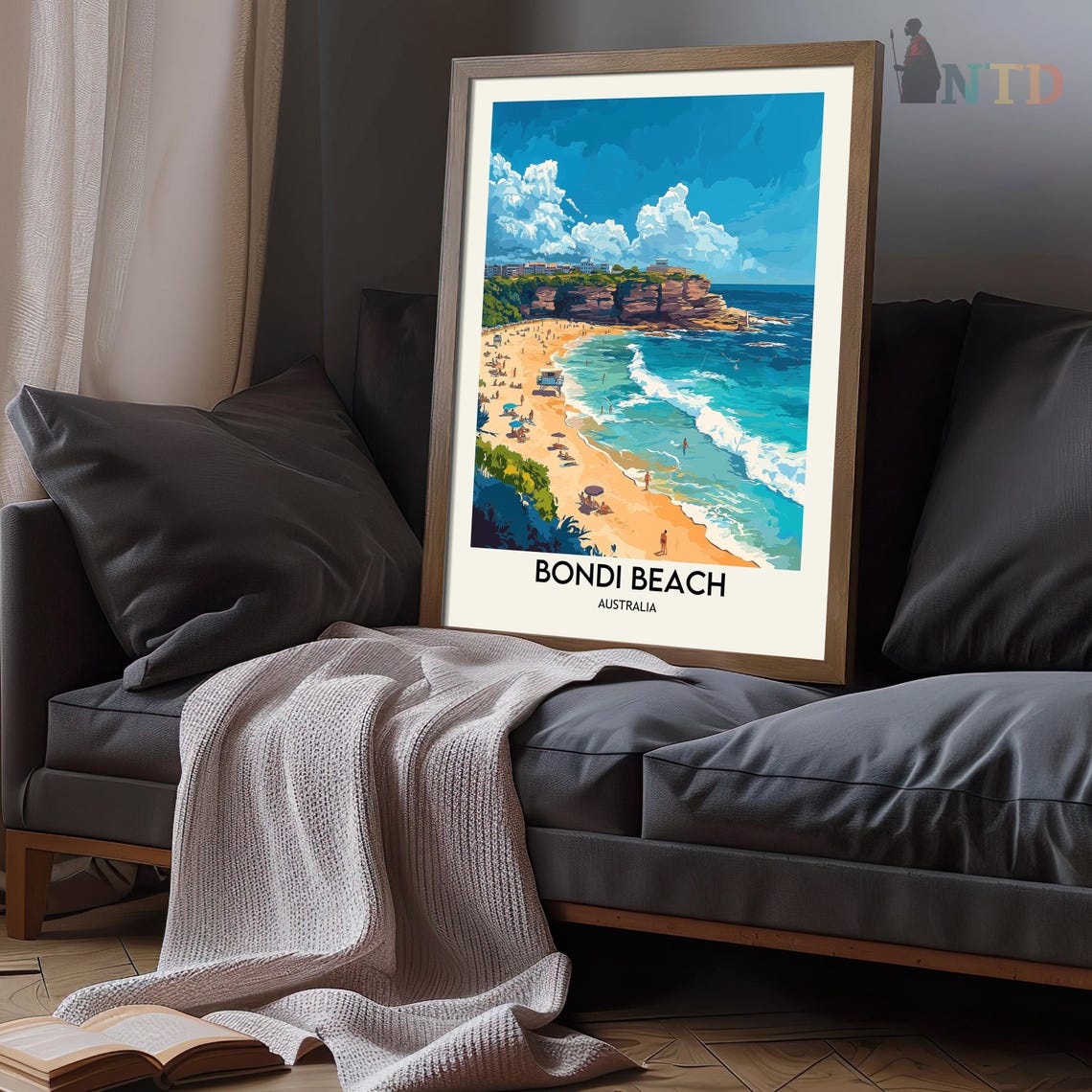 Bondi Beach Surfers Rolling Waves Headland Vintage Travel Poster - Image 3