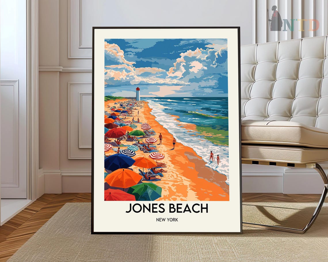 Jones Beach New York Poster Colorful Umbrellas Lighthouse Summer Art