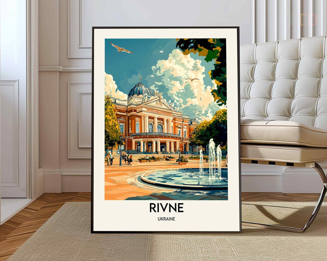 Rivne Ukraine Historic Theatre Fountain Plaza Cityscape Poster