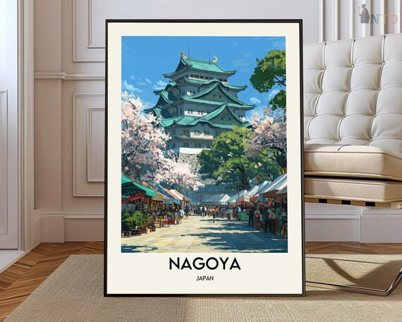 Nagoya Japan Poster Nagoya Castle Framed by Cherry Blossoms Travel Art