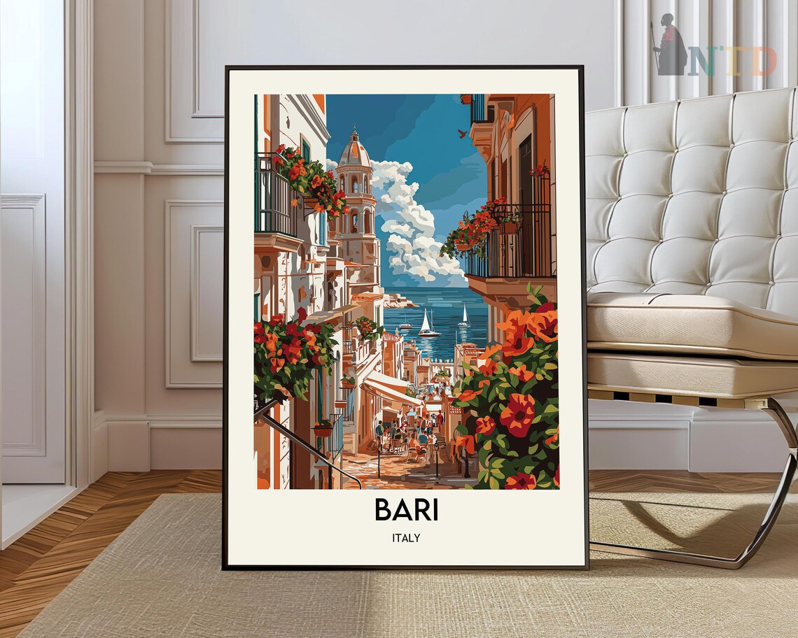 Bari Italy Flower Balcony Street Old Town Seaside Travel Poster