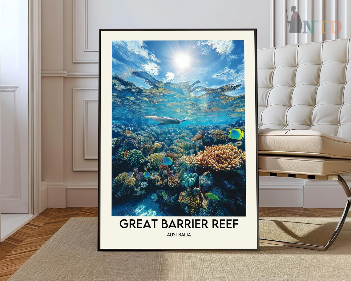 Great Barrier Reef Australia Poster of a Turtle over Coral Gardens