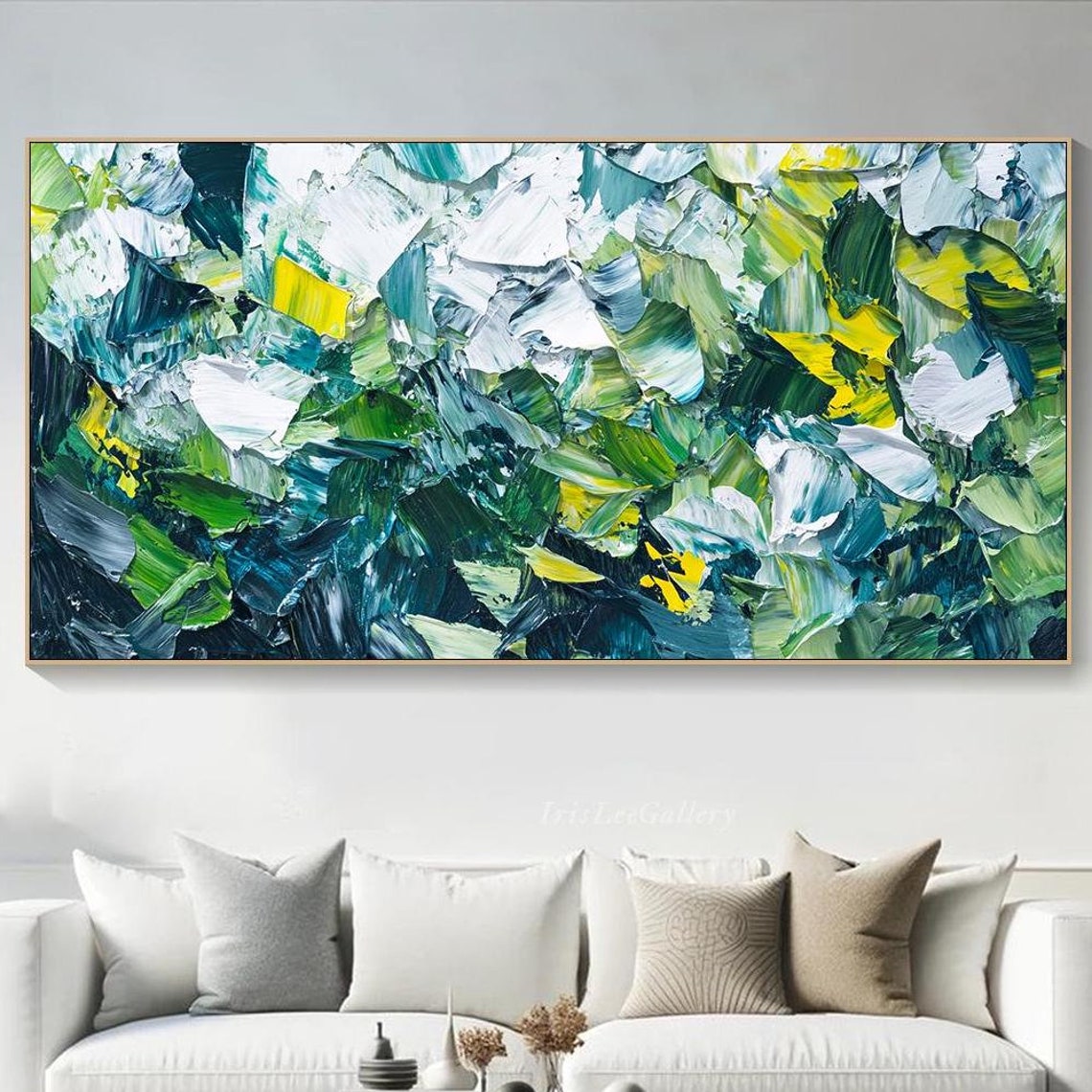Green White Yellow Abstract Palette Knife Impasto Nature Art Poster