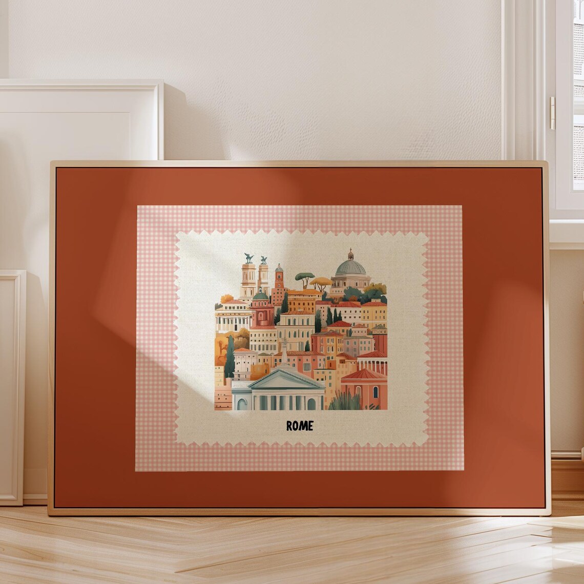 Rome Italy Cityscape Domes Stamp Style Terracotta Framed Poster