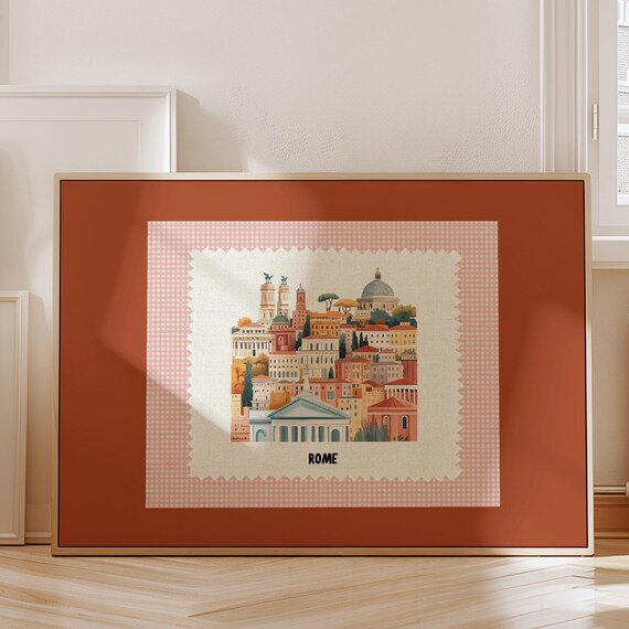 Rome Italy Cityscape Domes Stamp Style Terracotta Framed Poster