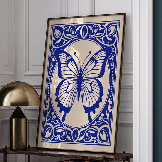 Blue Rococo Butterfly Poster Vintage Floral Wall Art Boho Butterfly Print Nature Art Ornate Butterfly Decor Classic Decorative Print