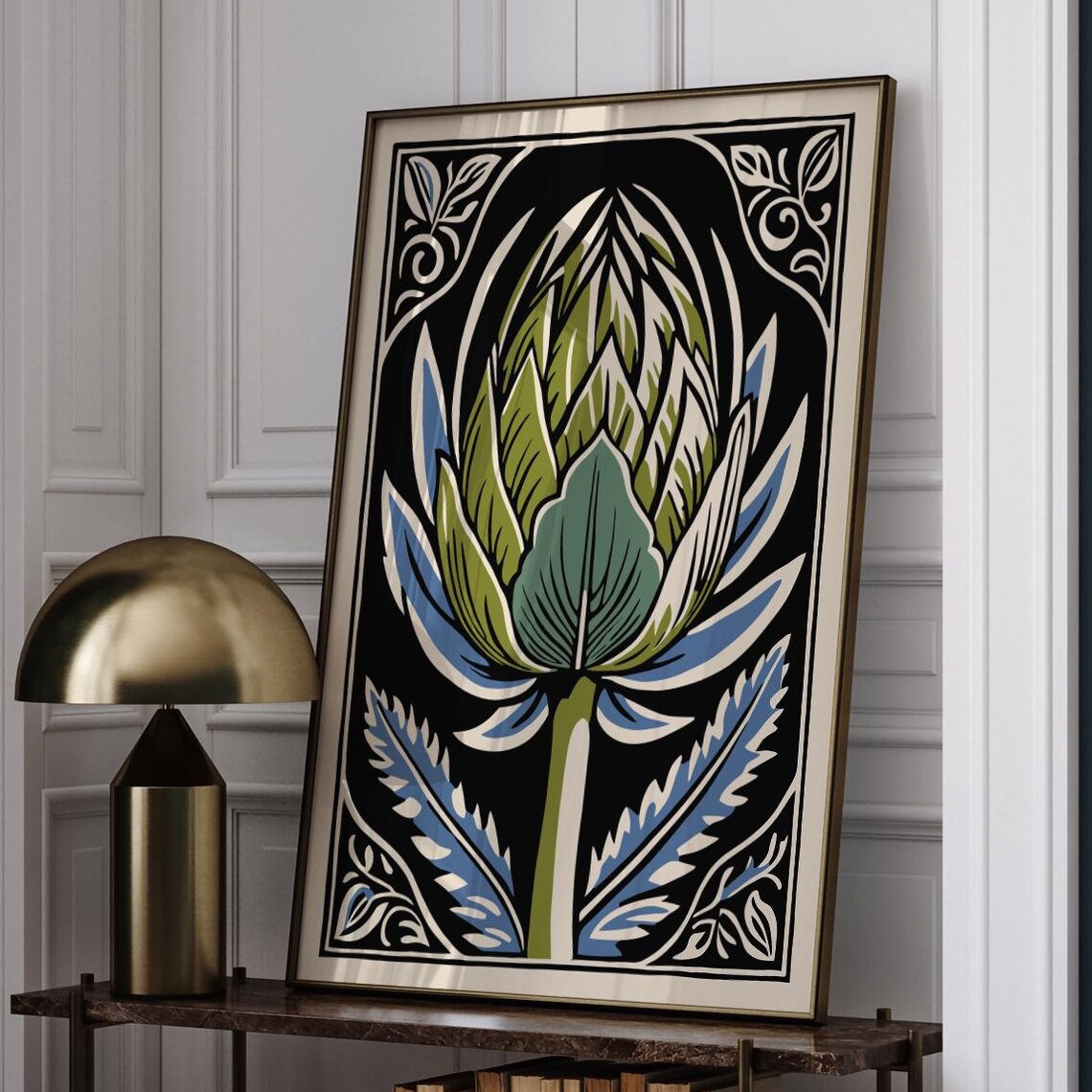 Green Artichoke Linocut on Black With Blue Leaves Kitchen Poster