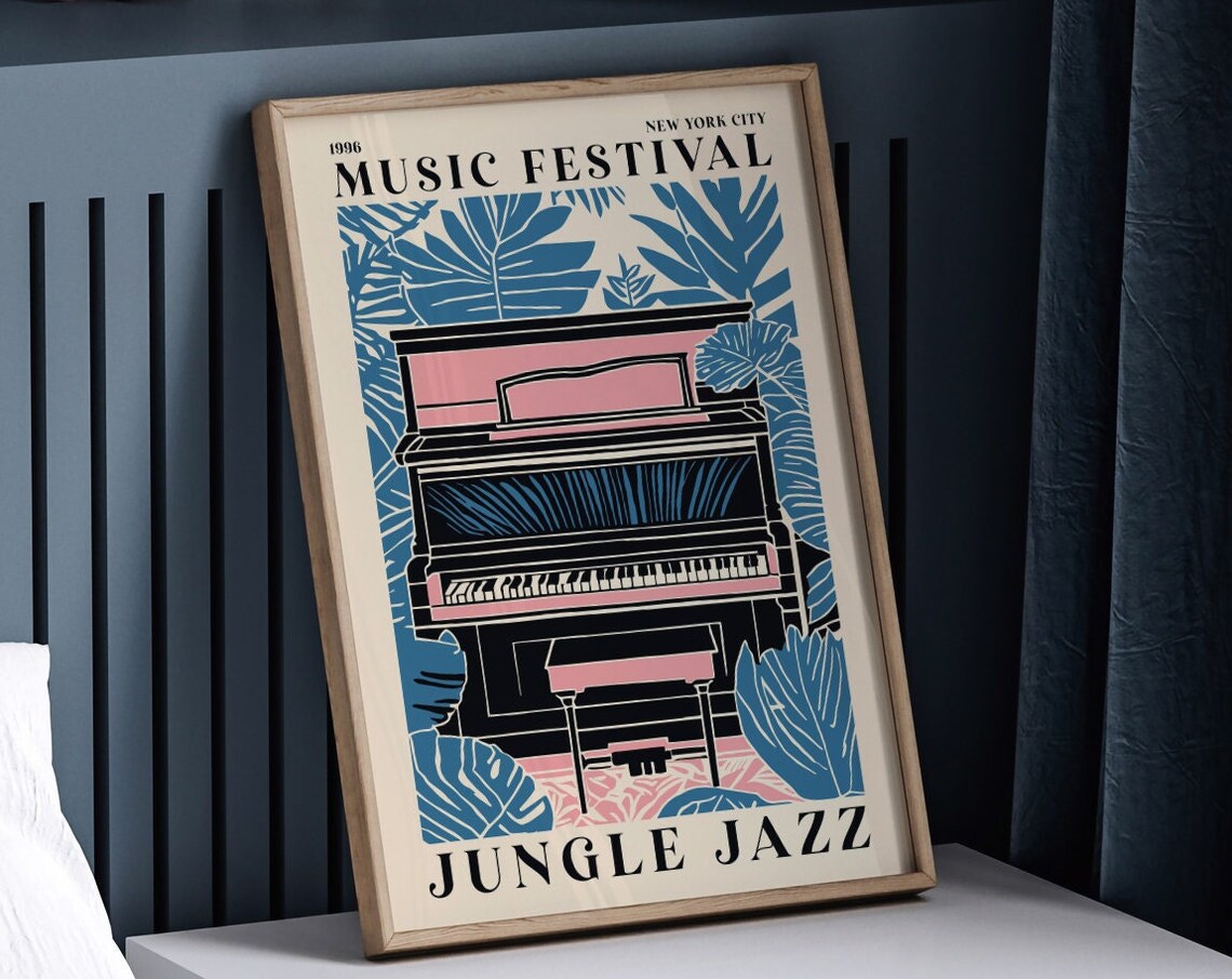 1996 New York City Music Festival Jungle Jazz Pink Piano Retro Poster - Image 5