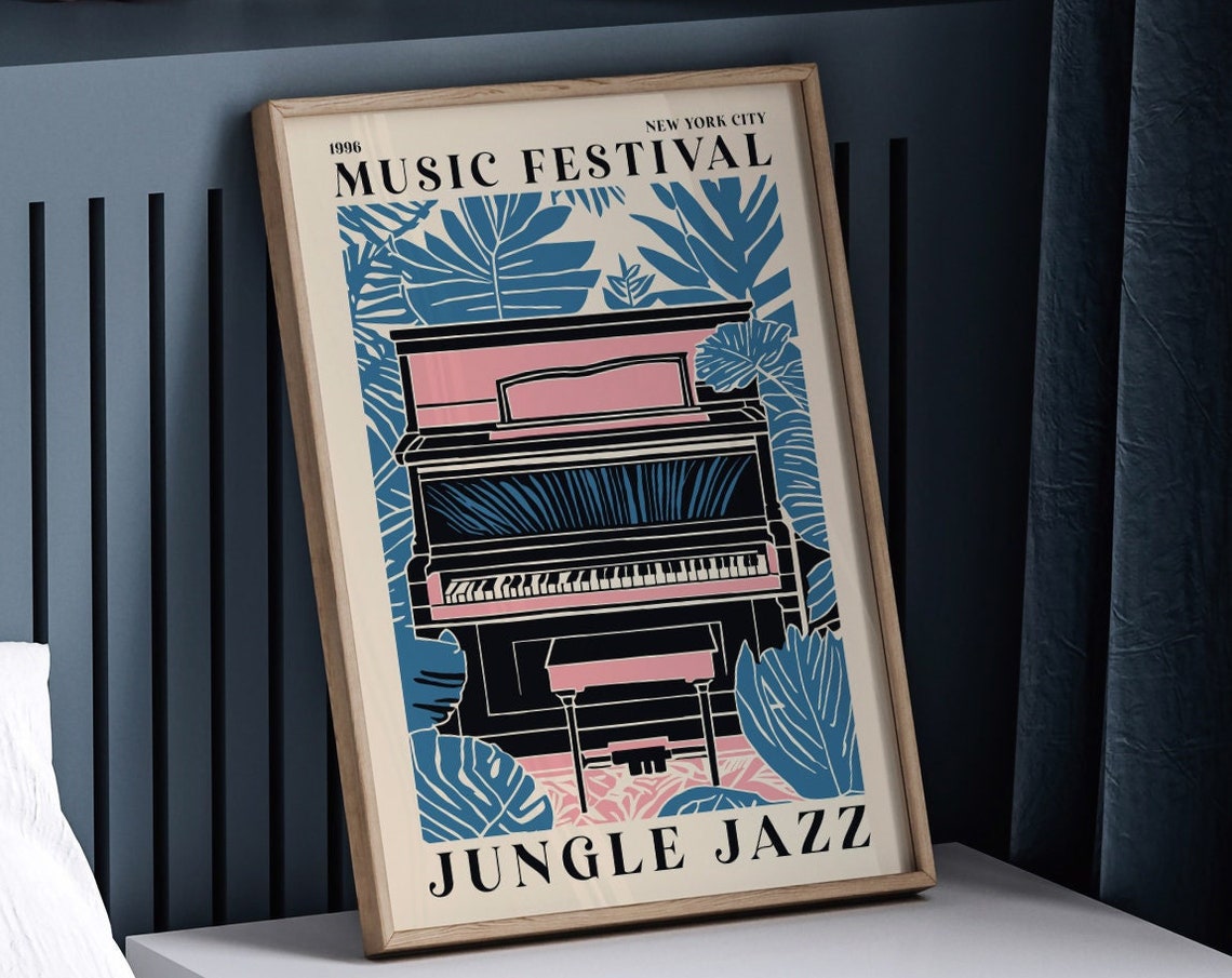 Vintage New York City Music Festival Jungle Jazz Poster Retro Piano Tropical Leaves Wall Art Collectible Music Poster Blue Pink Version - Image 5