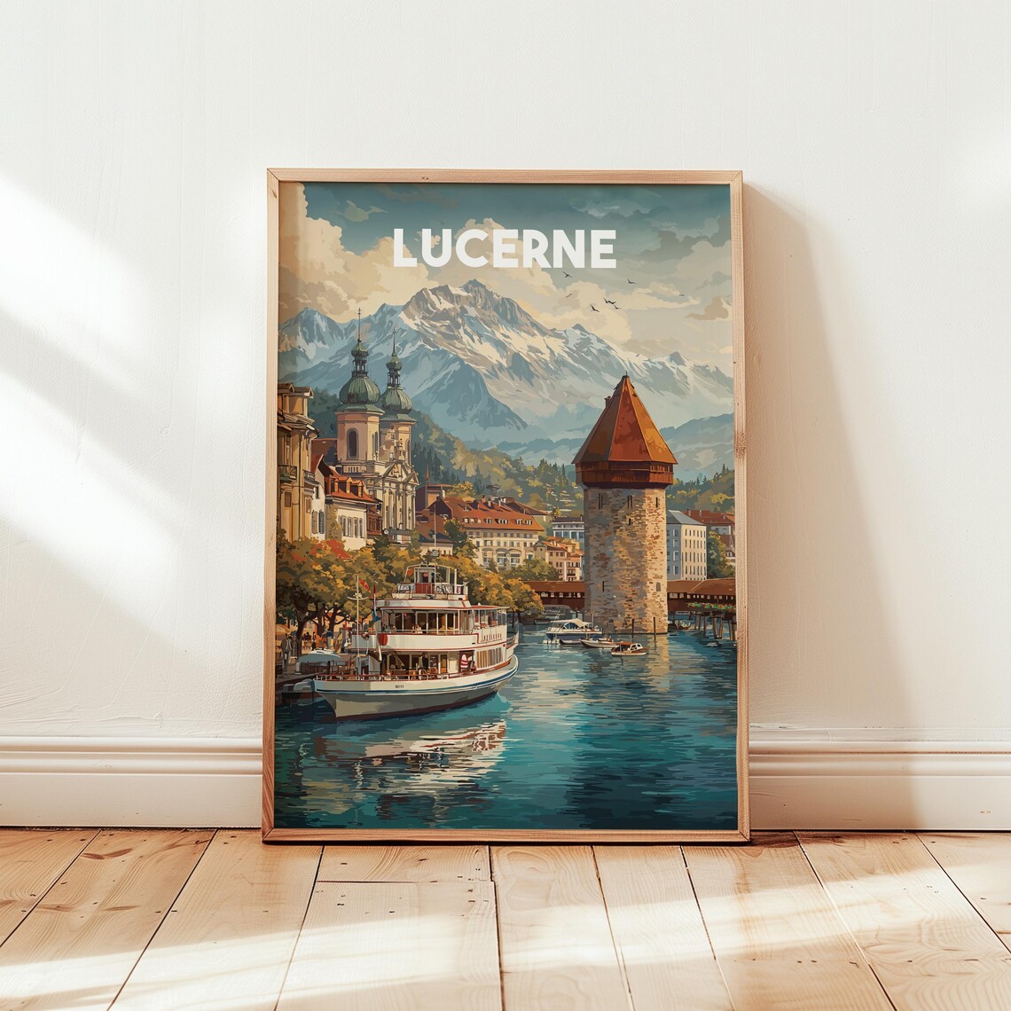 Lucerne Switzerland Chapel Bridge Lake Vintage Travel Poster
