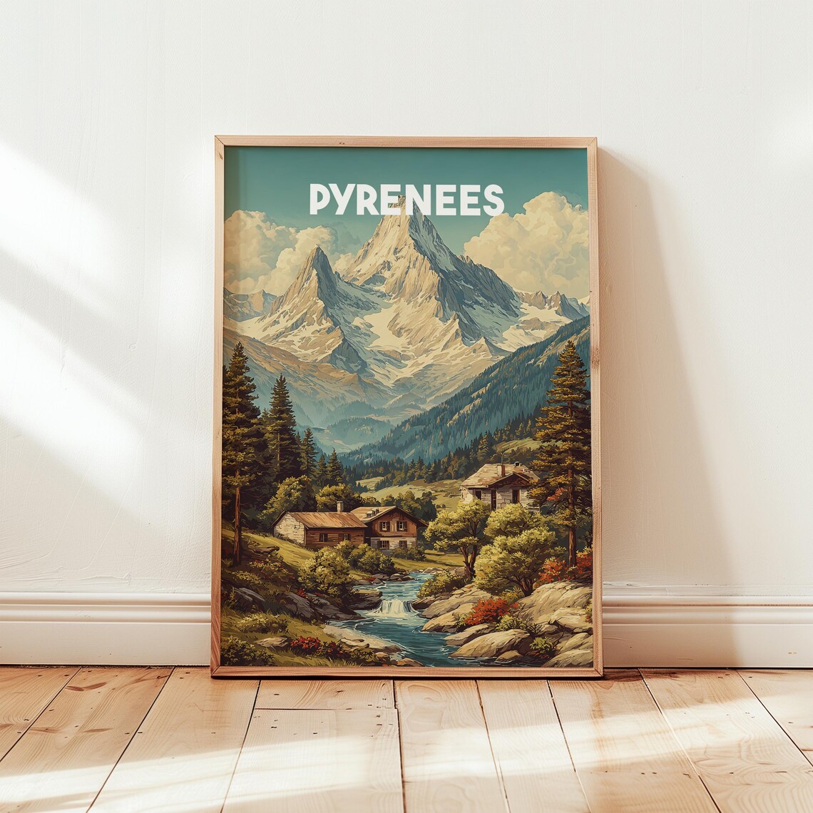 Pyrenees France Snowy Peaks Alpine Village Retro Travel Poster