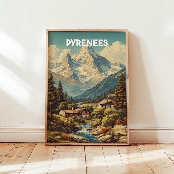 Pyrenees France Vintage Travel Poster Print Retro Mountain Wall Art Hiking Ski Decor French Alps Style Home Interior Design