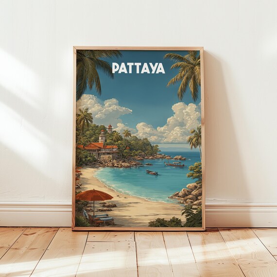 Pattaya Beach Umbrella Palms Cove Vintage Thailand Travel Poster