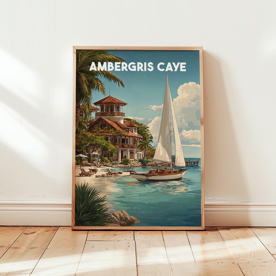 Ambergris Caye Belize Sailboat Beach Resort Retro Travel Poster