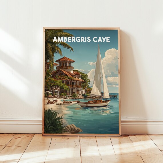 Ambergris Caye Belize Sailboat Beach Resort Retro Travel Poster