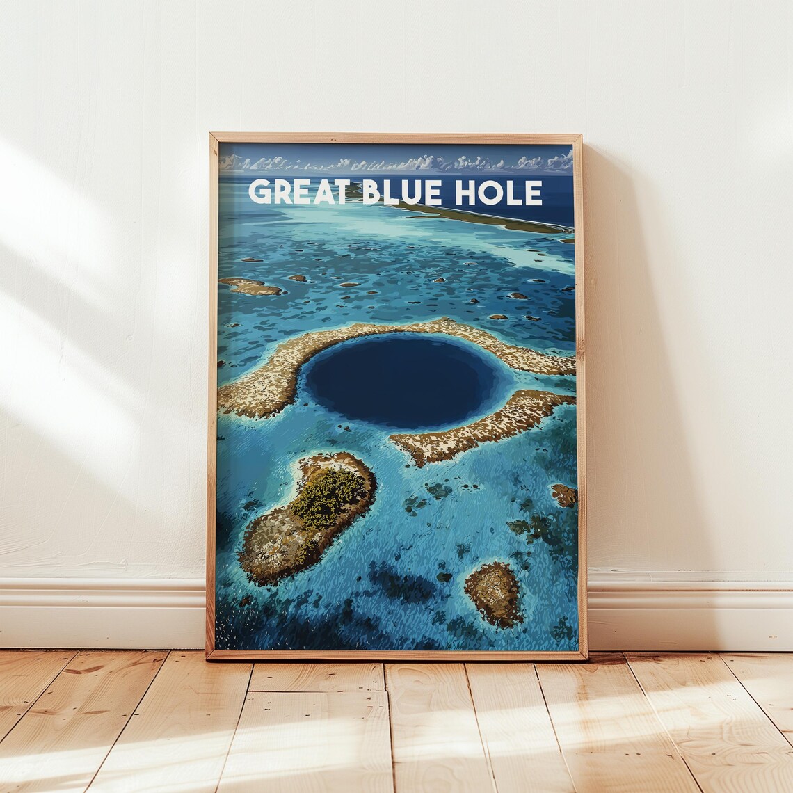 Great Blue Hole Belize Vintage Aerial Turquoise Ocean Travel Poster