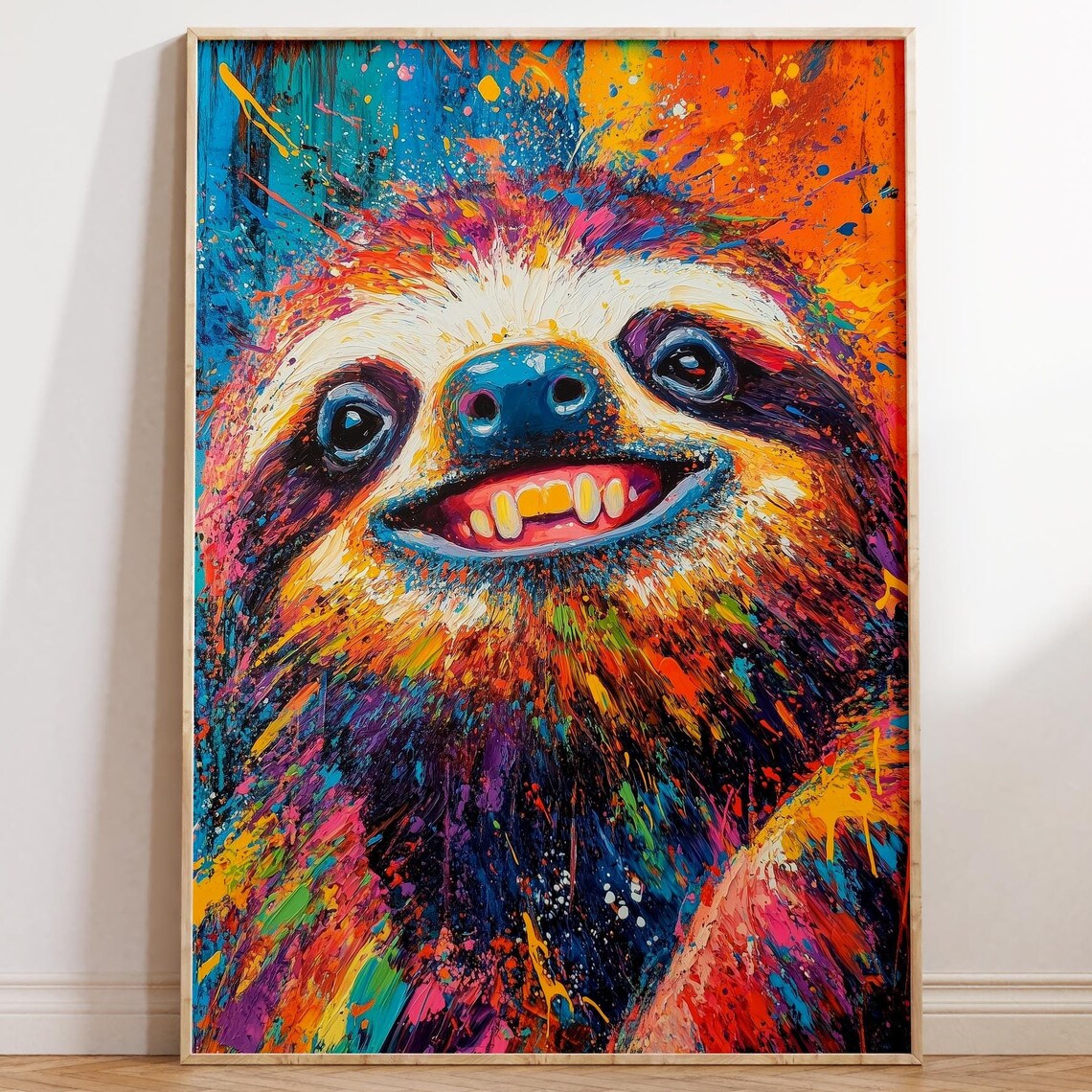 Grinning Sloth Colorful Pop Art Paint Splatter Animal Portrait Poster