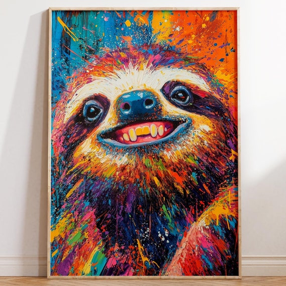 Cheeky Sloth Portrait Painting Wall Art Lively Animal Wall Art Funky Home Decor Colorful Pop Art Poster Print