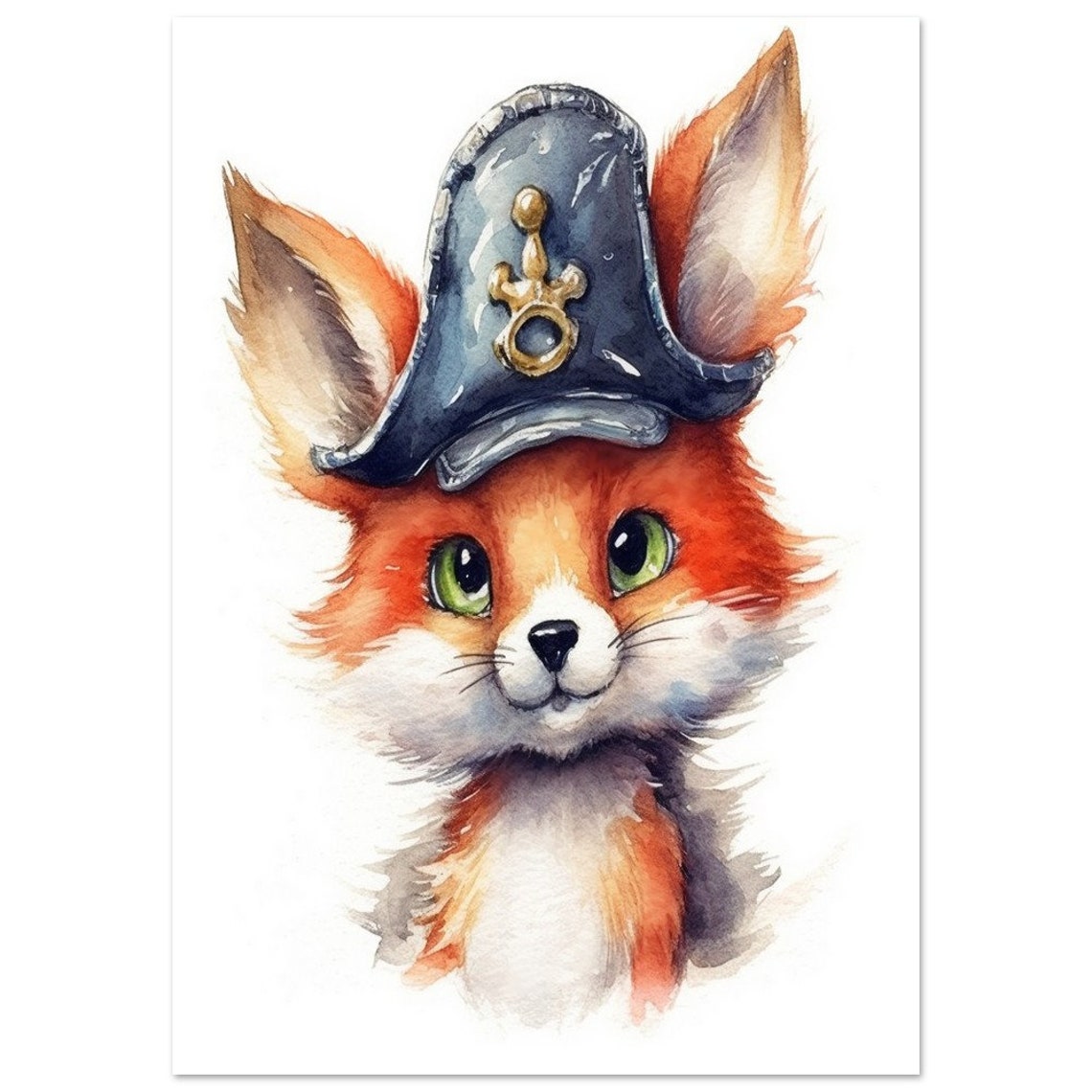 Cute Baby Fox In Pirate Captain Hat Watercolor Nursery Poster - Image 2