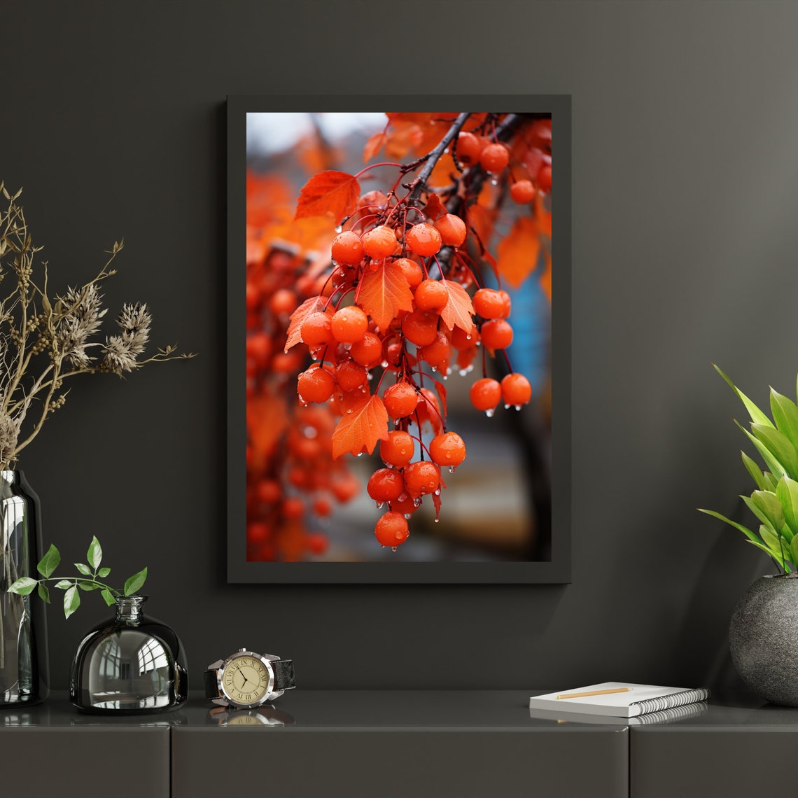 Dewy Orange Berry Cluster Close Up Autumn Leaves Rain Poster - Image 4