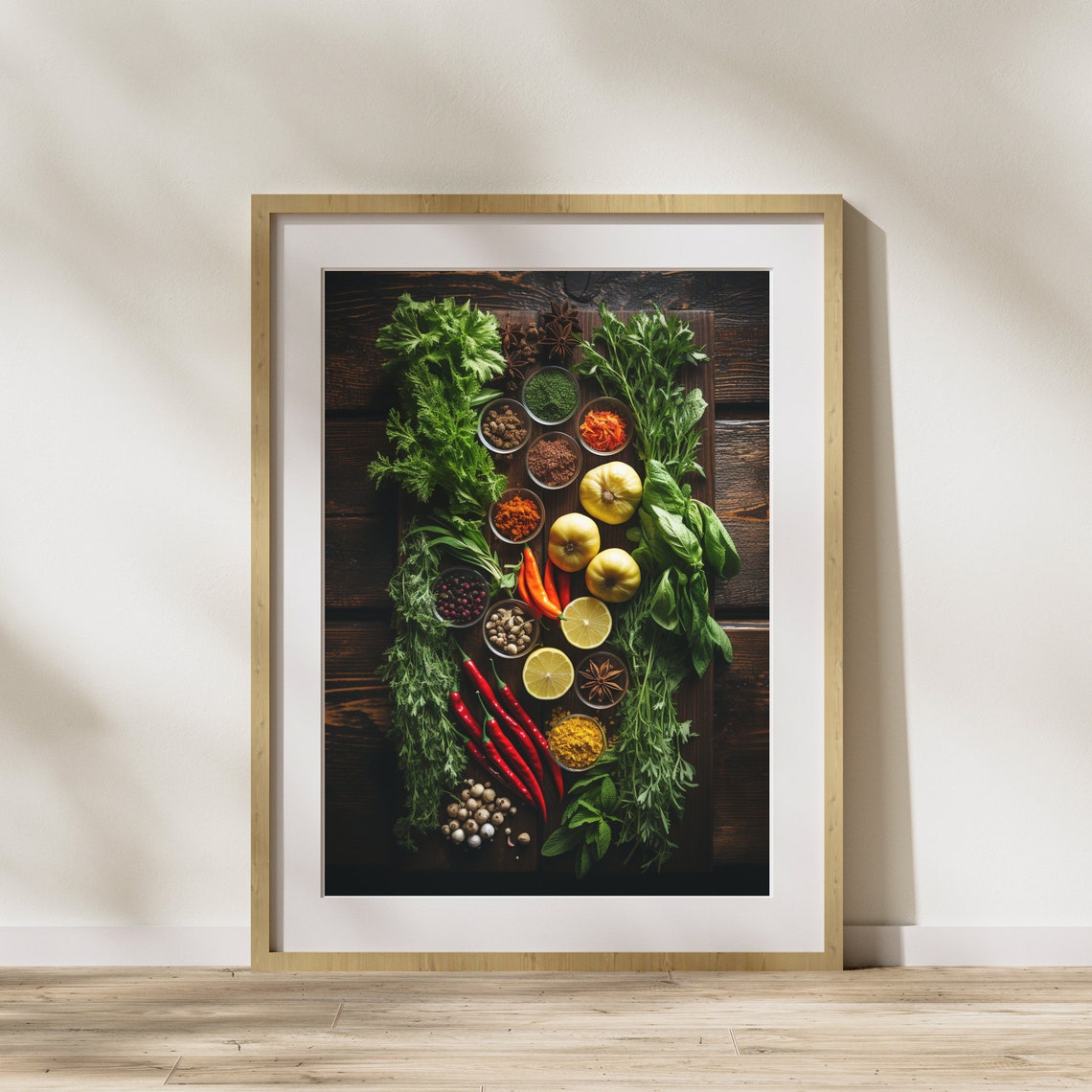 Colorful Spices Herbs Flat Lay Dark Wood Kitchen Wall Poster