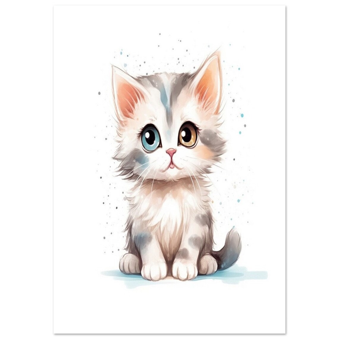 Adorable Kitten with Mismatched Eyes Watercolor Nursery Poster - Image 3