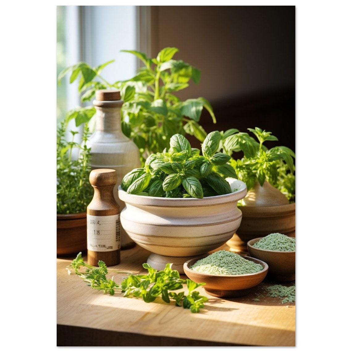 Sunlit Kitchen Herbs Basil Still Life Wooden Table Art Poster - Image 2