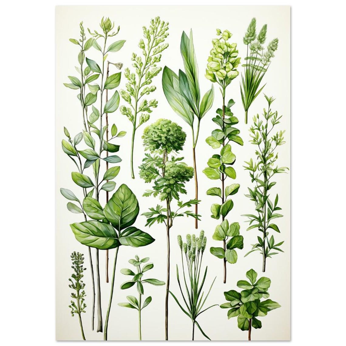 Botanical Green Herbal Plants Vintage Kitchen Illustration Poster