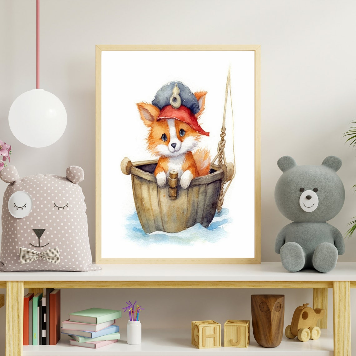 Baby Fox Sailor in Wooden Bucket Watercolor Nursery Art Poster - Image 3