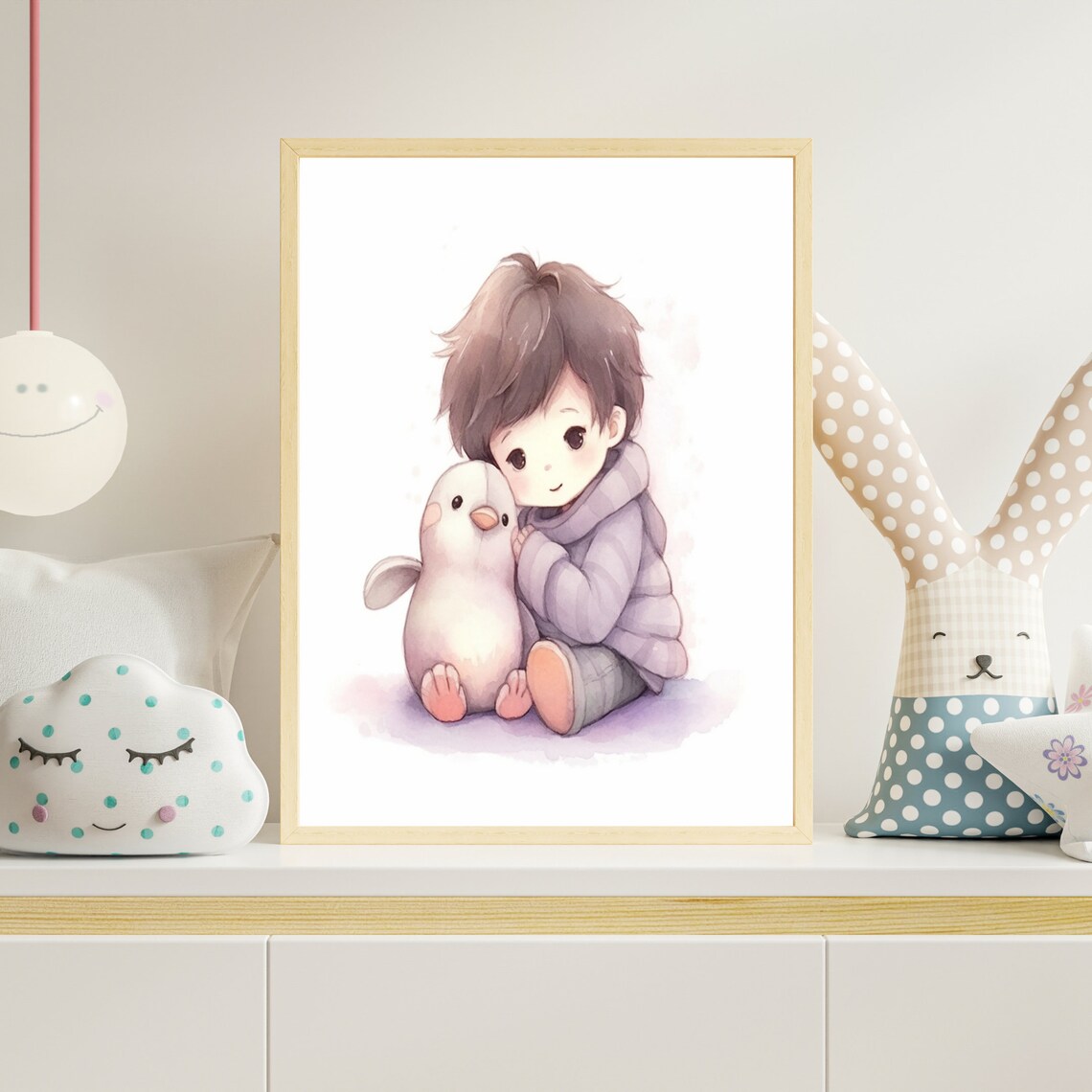 Sweet Boy Hugging Baby Penguin Watercolor Nursery Art Poster - Image 4