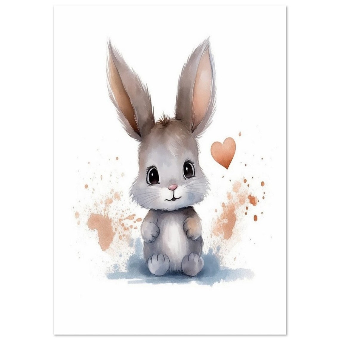 Sweet Cute Grey Bunny Rabbit with Heart Watercolor Nursery Poster - Image 3