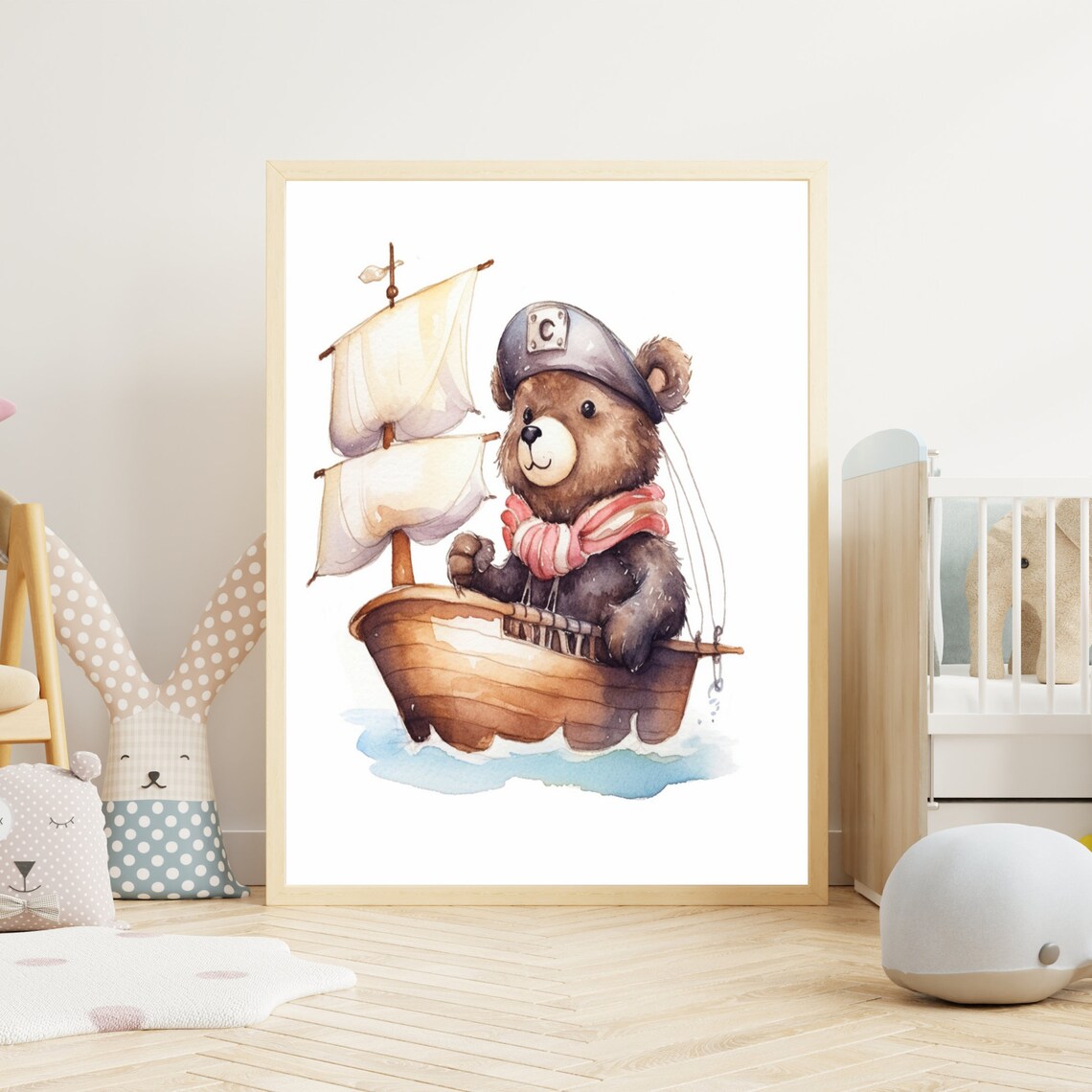 Cute Baby Bear Sailor Captain On Ship Watercolor Nursery Poster