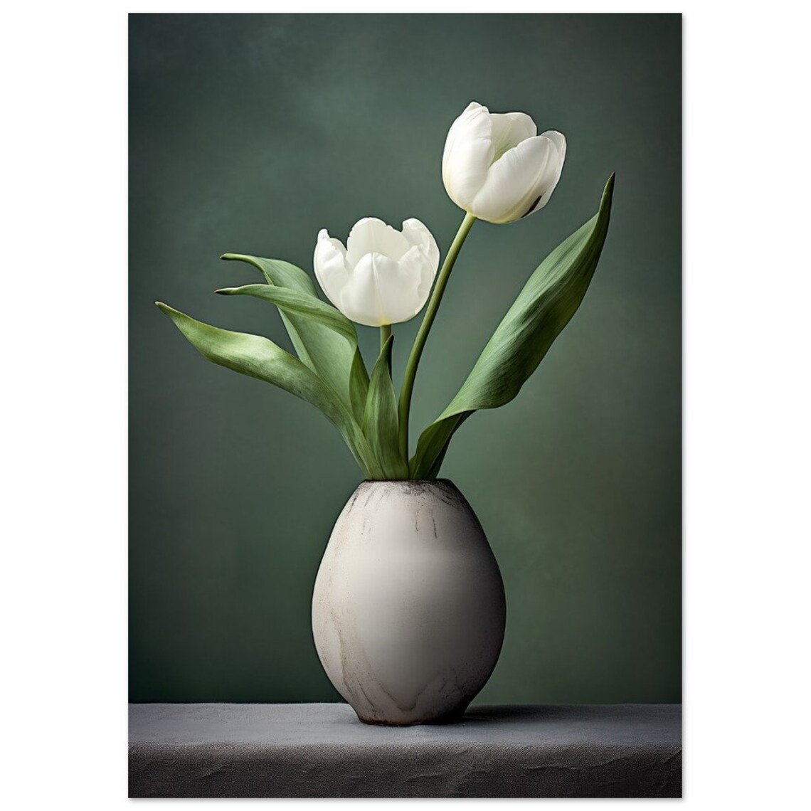 White Tulips In Gray Vase Moody Dark Botanical Photography Poster - Image 2