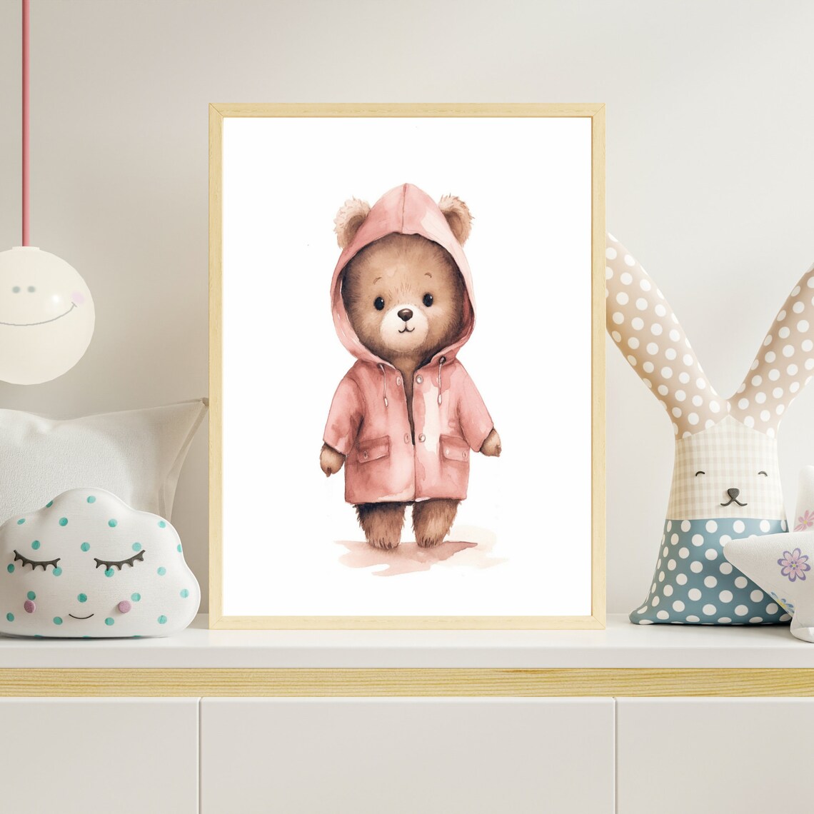 Cute Little Baby Bear In Pink Raincoat Watercolor Nursery Poster - Image 4