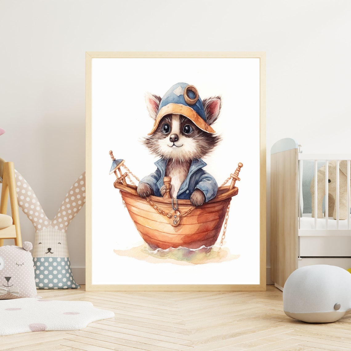 Cute Raccoon Sailor in Boat Watercolor Baby Nursery Art Poster