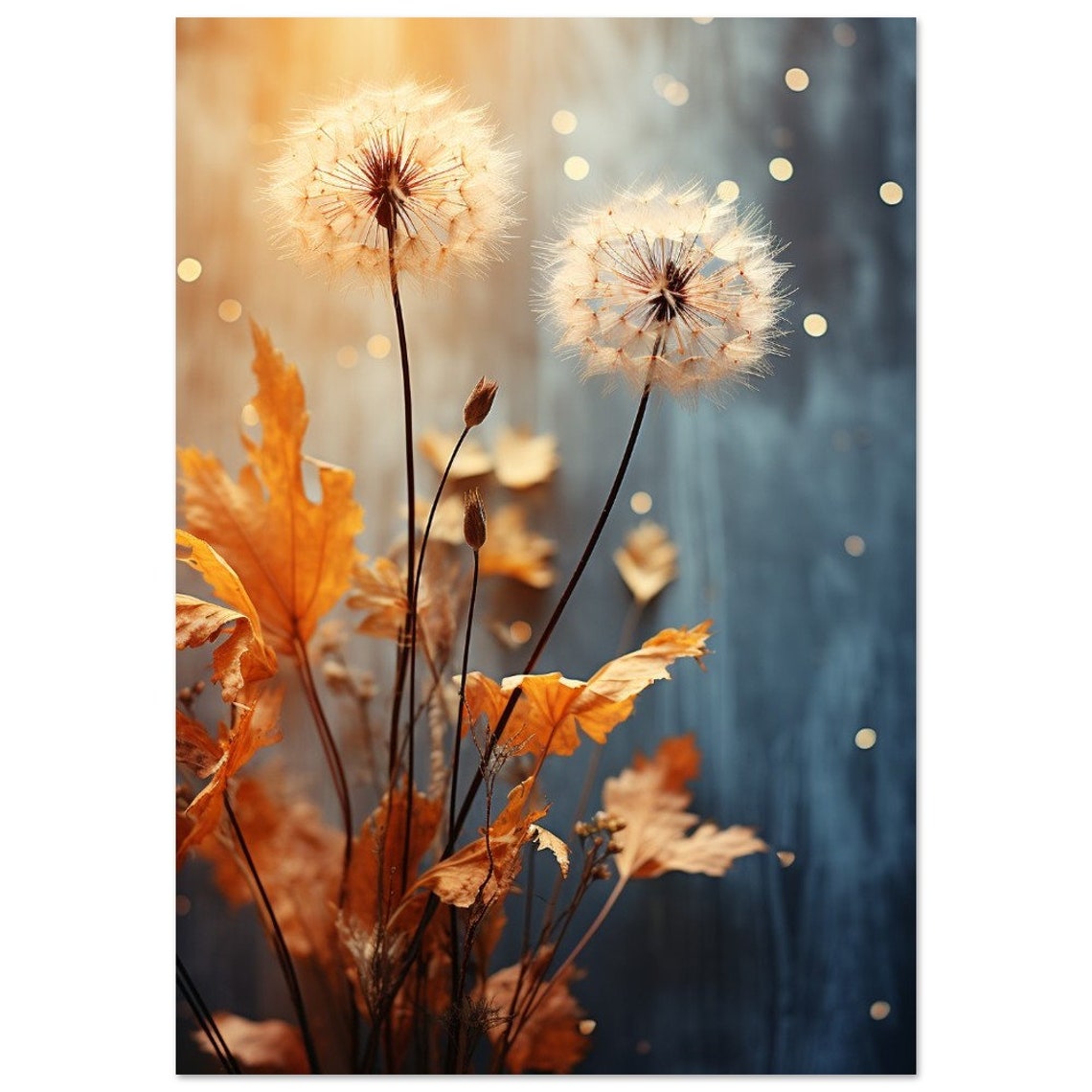 Dandelion Seed Heads Autumn Leaves Golden Bokeh Nature Print - Image 2