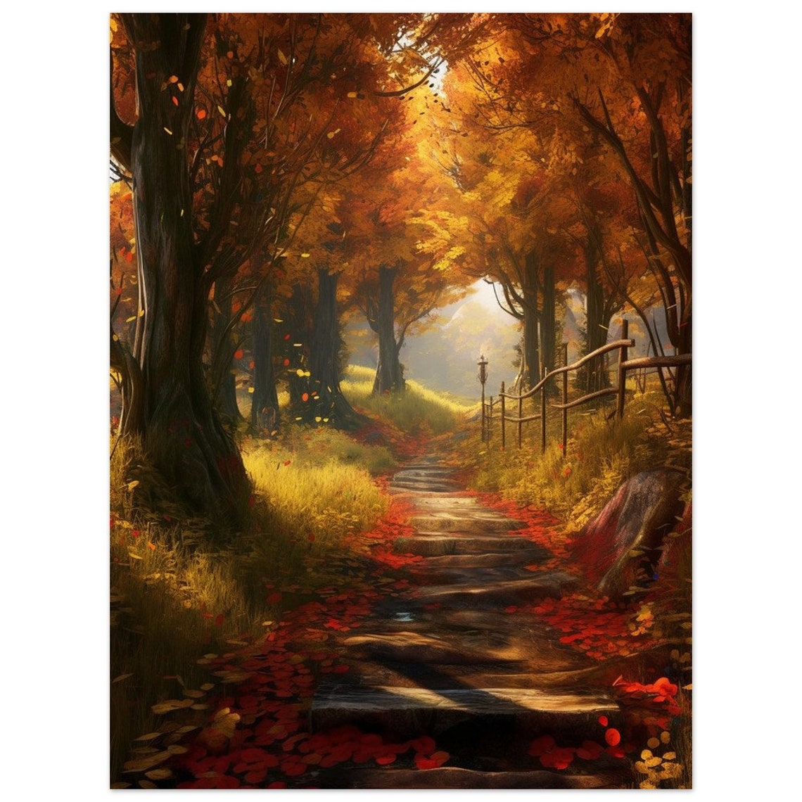 Autumn Forest Path With Stone Steps Fall Leaves Golden Light Poster - Image 3