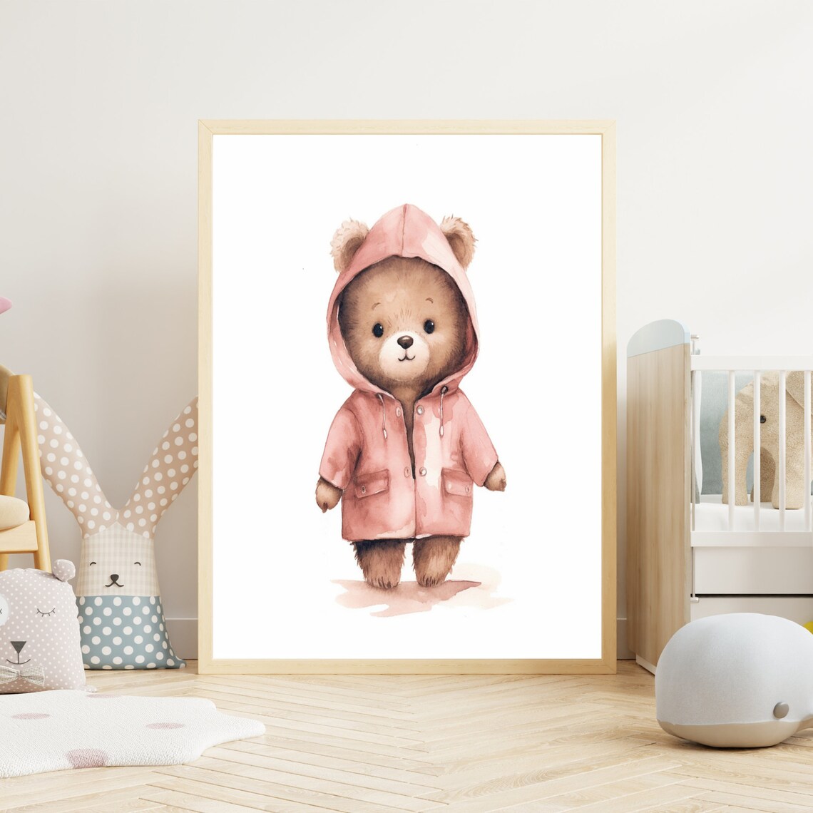 Cute Little Baby Bear In Pink Raincoat Watercolor Nursery Poster