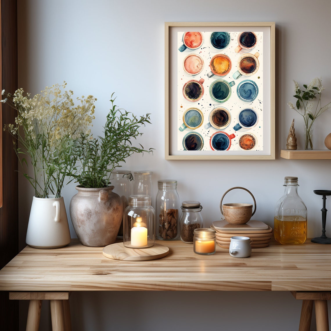 Colorful Watercolor Coffee Cups Overhead Grid Kitchen Art Poster - Image 3