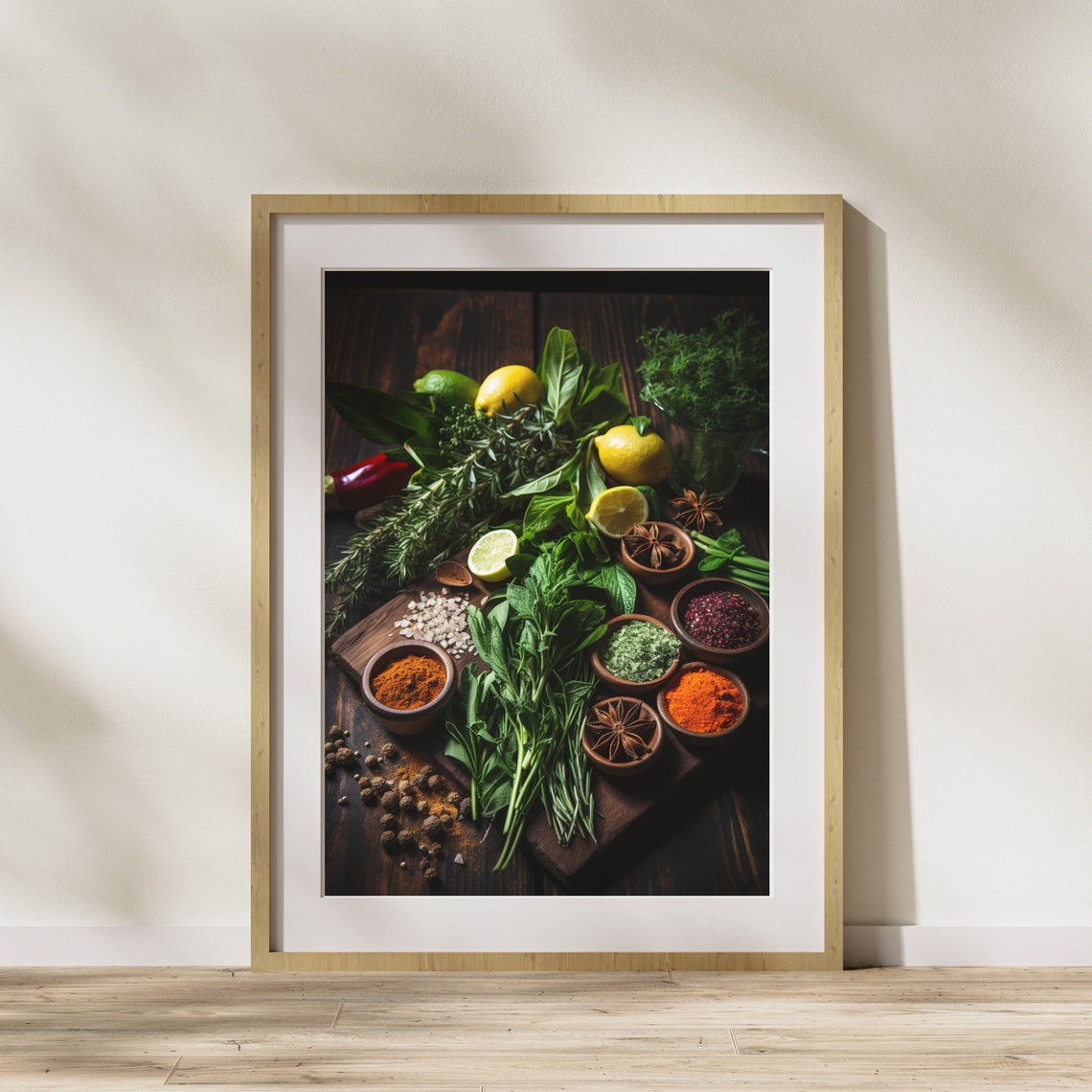 Moody Herbs Citrus Spices Peppercorns Dark Wood Kitchen Poster