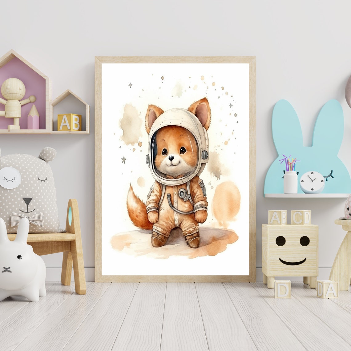 Cute Baby Red Fox Astronaut Watercolor Outer Space Nursery Poster - Image 3