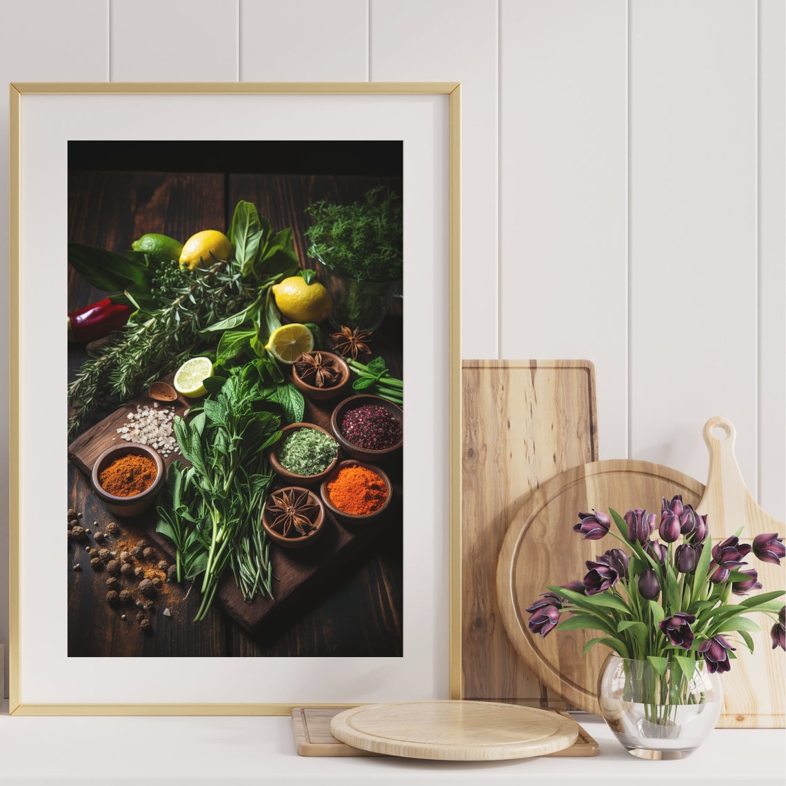 Moody Herbs Citrus Spices Peppercorns Dark Wood Kitchen Poster - Image 4