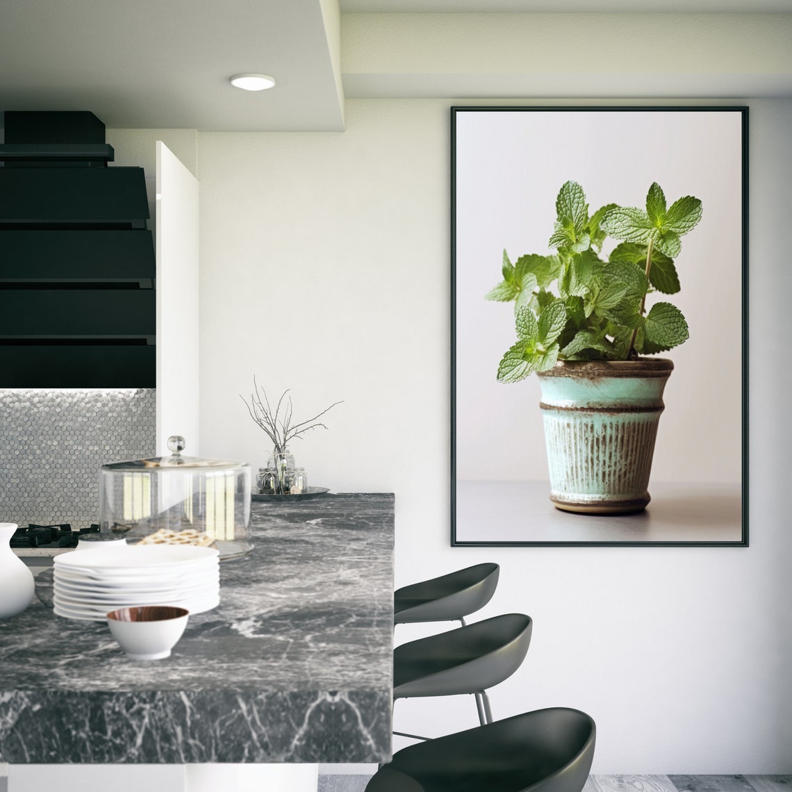 Fresh Mint Sprigs Vintage Turquoise Pot Minimalist Plant Poster - Image 3