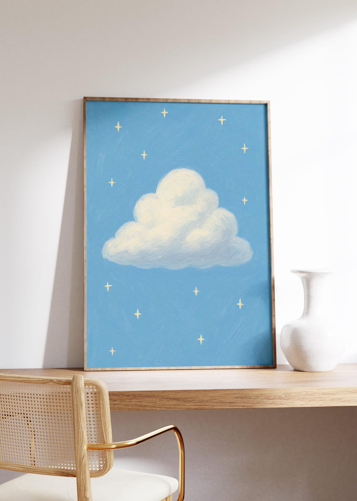 Fluffy White Cloud Among Golden Stars on Starry Blue Sky Poster