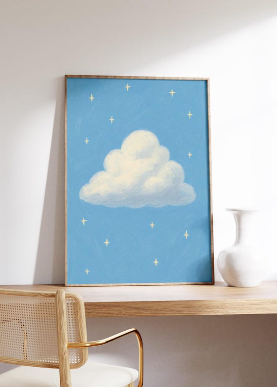 Cloud Wall Art Print Dreamy Sky Blue Soft Texture Strokes Subtle Star Details Calm Atmosphere Whimsical Decor Minimal Nursery Style