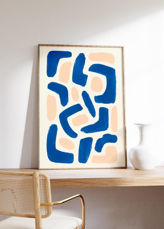 Cobalt Peach Brushstroke Wall Art Print Modern Abstract Design Irregular Shapes Bold Color Blocks Minimal Decor Playful Neutral Tones