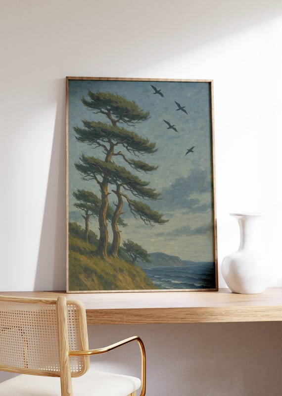 Windy Cliffside Wall Art Print Coastal Pine Treesstormy Sky Scenesoaring Birds Artworkmoody Ocean Decornature Movement