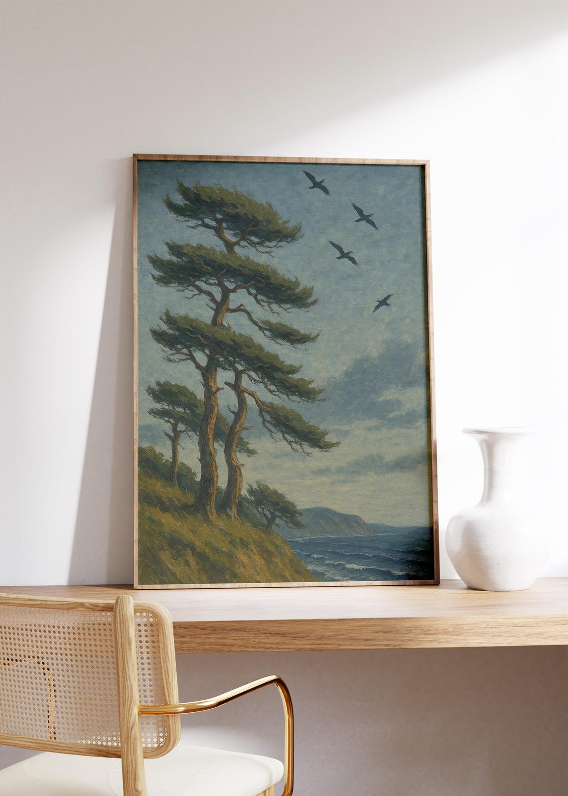 Windswept Pine Trees on Coastal Cliff With Soaring Birds Poster