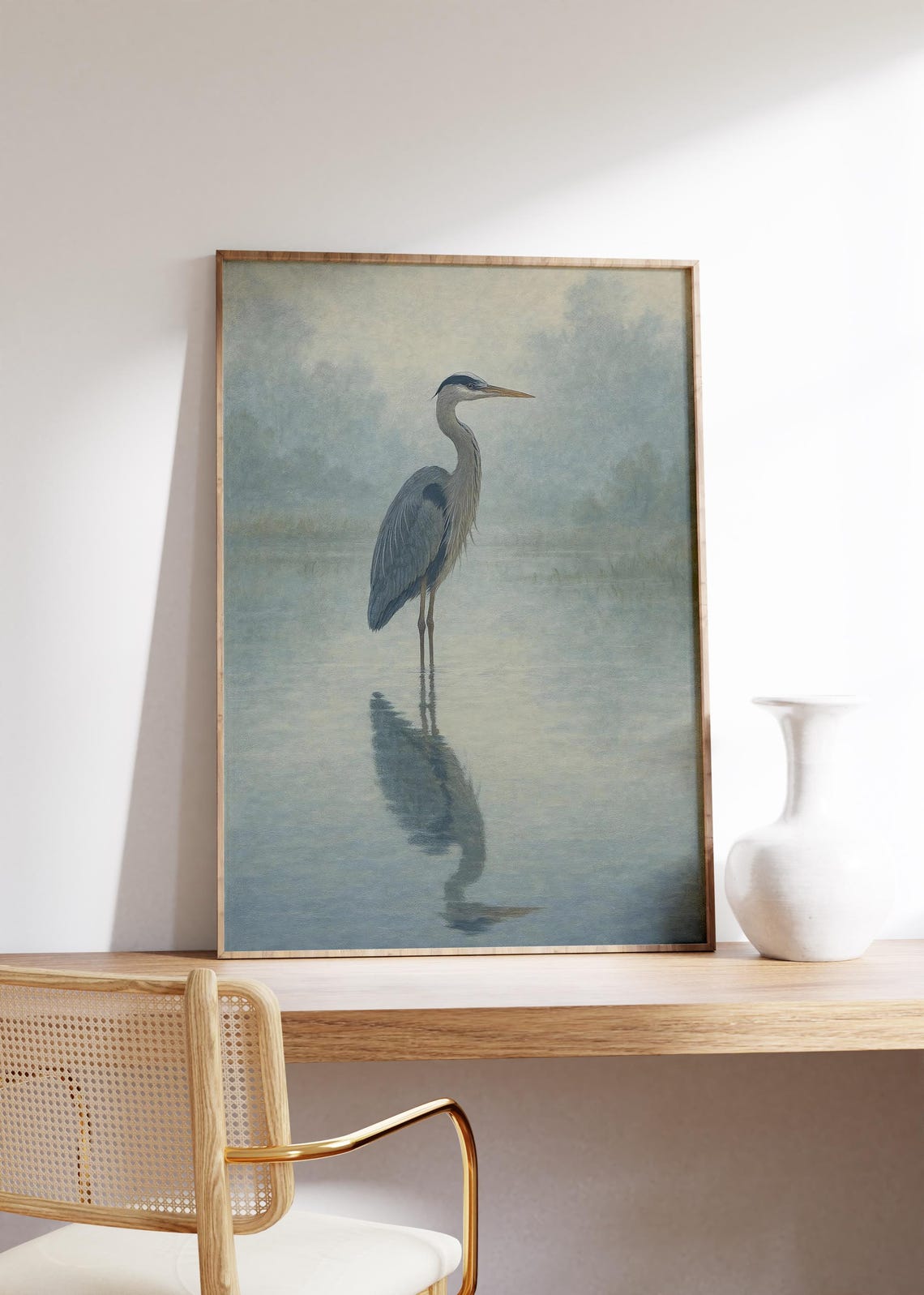 Blue Heron Standing in Misty Marsh With Soft Reflection Poster