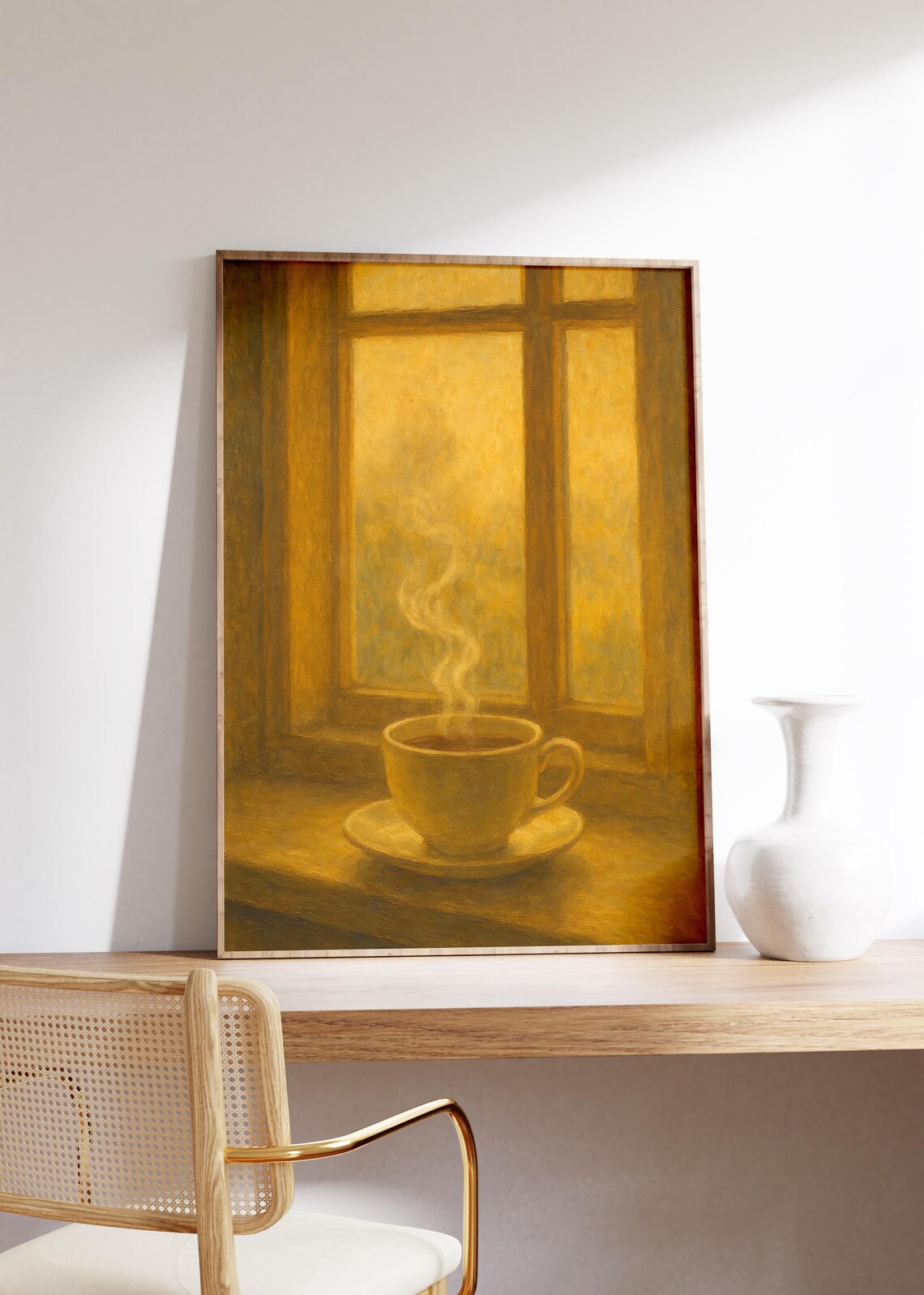 Steaming Cup of Tea on Windowsill in Golden Morning Light Poster